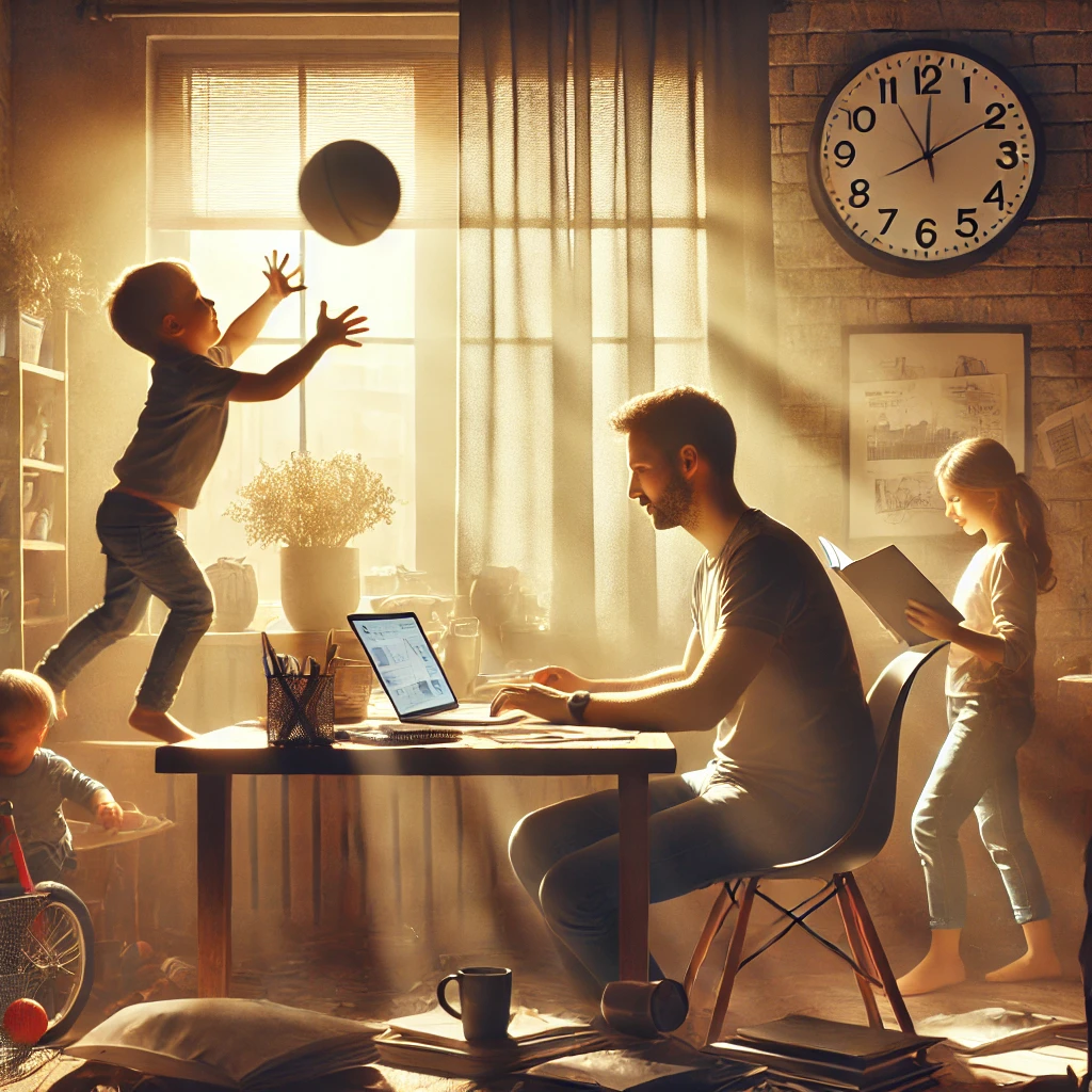 DALL·E 2024-12-31 15.11.55 - A serene yet chaotic scene capturing the paradox of work and family life. A parent sits at a desk with a laptop and a cluttered workspace, trying to f