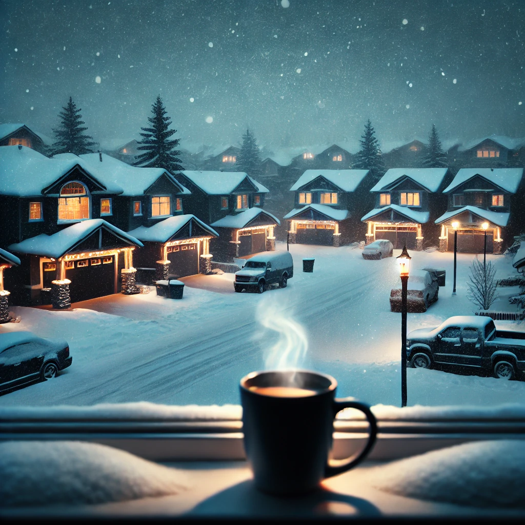 DALL·E 2024-12-31 15.16.10 - A serene winter scene in Calgary covered in snow. A quiet neighborhood with houses blanketed in white, soft snowfall in the air, and faint warm lights