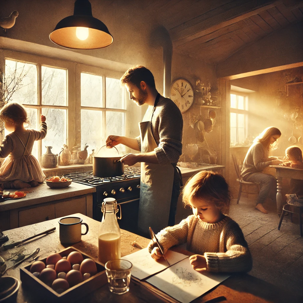 DALL·E 2024-12-31 15.20.01 - A warm, inviting family kitchen scene where a parent prepares a wholesome meal while children are visible in the background, playing or drawing. The r