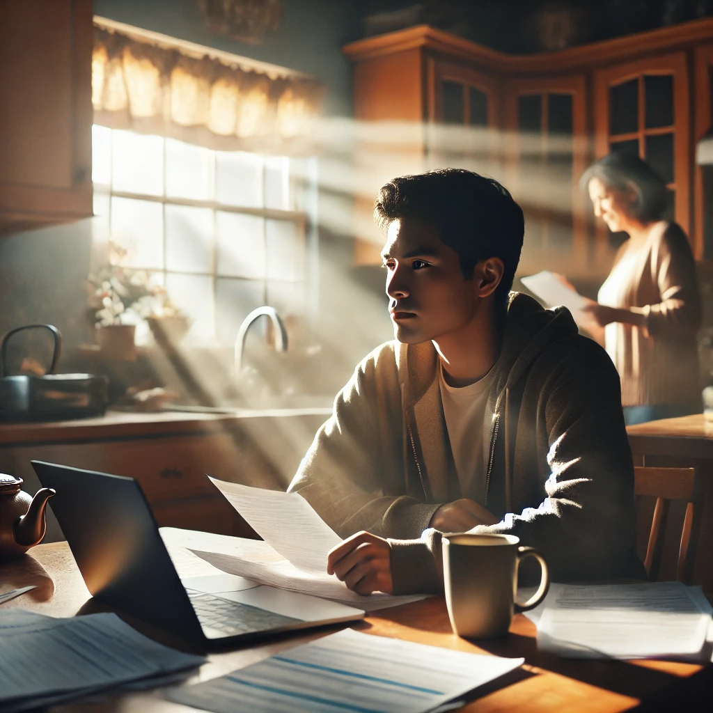 DALL·E 2024-12-31 15.23.20 - A relatable scene of an immigrant sitting at a kitchen table, surrounded by forms, a laptop, and a coffee cup. The person looks thoughtful, with a sli