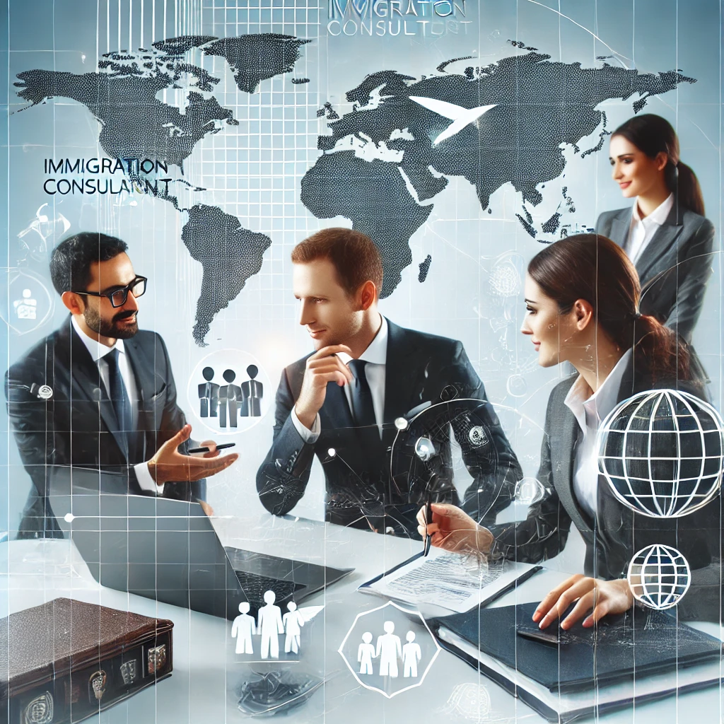 DALL·E 2025-02-04 11.15.43 - A professional and modern image representing an immigration consultant network. The image should feature business professionals collaborating, a globa